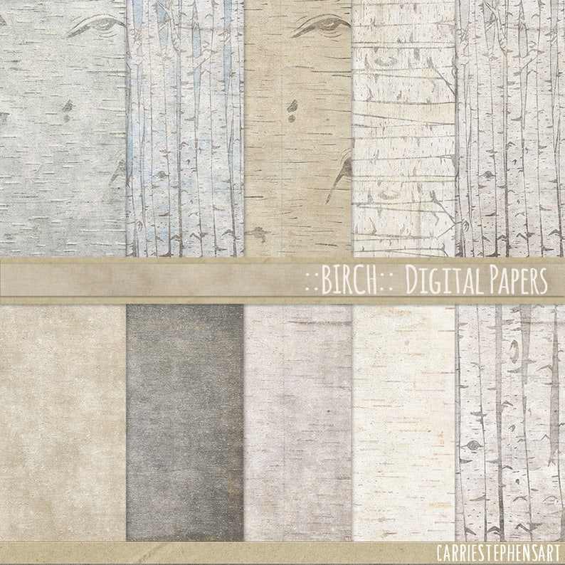 May include: A set of 10 digital papers featuring a birch bark pattern in various shades of white, grey, and brown. The papers are perfect for crafting, scrapbooking, and digital design projects.