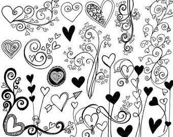 Heart Doodles ClipArt PNG | Printable Valentine Graphics | Black & White Digital Stamps Flourishes for Instant Download, Commercial Use