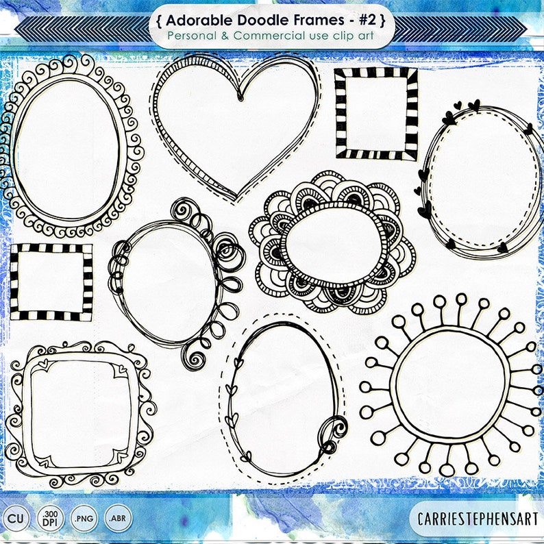Pu&ograve; includere: Una collezione di cornici doodle in bianco e nero in varie forme, tra cui ovali, a cuore e quadrate. L'immagine include il testo "{ Adorable Doodle Frames - #2}" e "Personal & Commercial use clip art".
