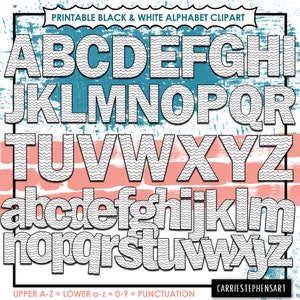 K&ouml;nnte beinhalten: Druckbarer Schwarzwei&szlig;-Alphabet-Clipart mit Gro&szlig;- und Kleinbuchstaben in einem wellenf&ouml;rmigen Muster. Die Buchstaben sind schwarz umrandet und mit einem wellenf&ouml;rmigen Muster gef&uuml;llt. Der Text "Printable Black & White Alphabet Clipart" befindet sich oben im Bild. Der Text "UPPER A-Z + LOWER a-z + 0-9 + PUNCTUATION" befindet sich unten im Bild. Der Text "CARRIESTEPHENSART" befindet sich in der unteren rechten Ecke des Bildes.