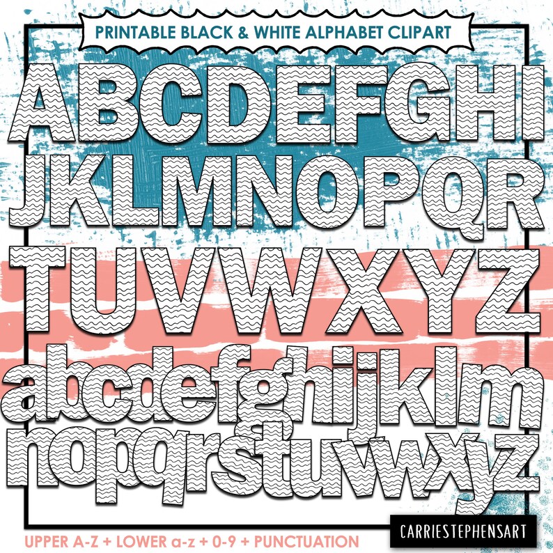 K&ouml;nnte beinhalten: Druckbarer Schwarzwei&szlig;-Alphabet-Clipart mit Gro&szlig;- und Kleinbuchstaben in einem wellenf&ouml;rmigen Muster. Die Buchstaben sind schwarz umrandet und mit einem wellenf&ouml;rmigen Muster gef&uuml;llt. Der Text "Printable Black & White Alphabet Clipart" befindet sich oben im Bild. Der Text "UPPER A-Z + LOWER a-z + 0-9 + PUNCTUATION" befindet sich unten im Bild. Der Text "CARRIESTEPHENSART" befindet sich in der unteren rechten Ecke des Bildes.