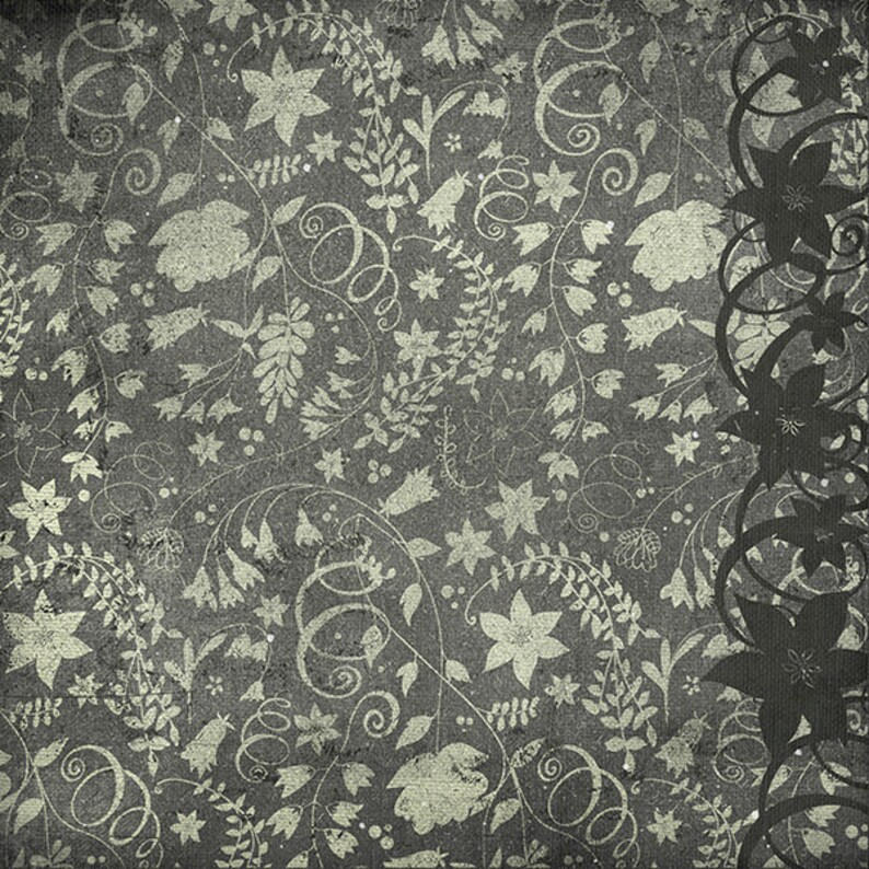 May include: A vintage-style floral pattern with a dark gray background and light gray floral designs. The pattern includes leaves, flowers, and swirls.