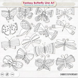 Schmetterlinge ClipArt, Schmetterling PNG Linie Zeichnung, wunderliche Gekritzel Frühling Grafiken, handgezeichnete Illustration, DIY Färbung, Sofort Download