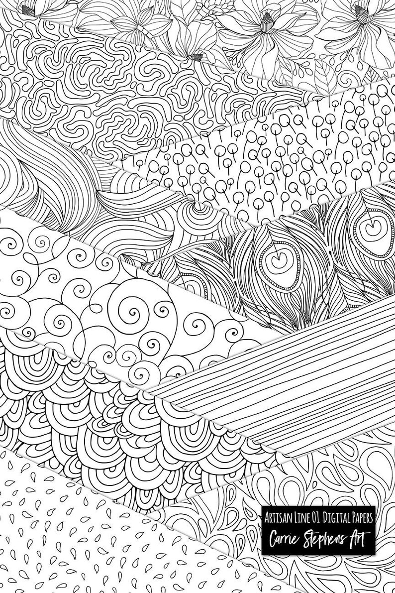 Black and White Pattern Digital Paper, Hand Drawn Line Illustrations, Mermaid Scale Pattern Background, Coloring Scrapbook Paper image 3