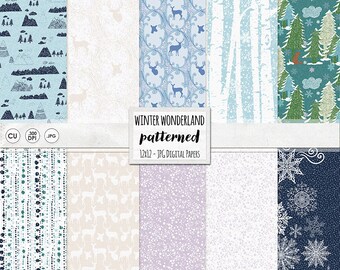 Woodland Winter Digital Paper, Christmas Backgrounds, Mountains, Forest, SnowFlake Pattern, Birch Tree Forest, Cool Blue & Icy Purple