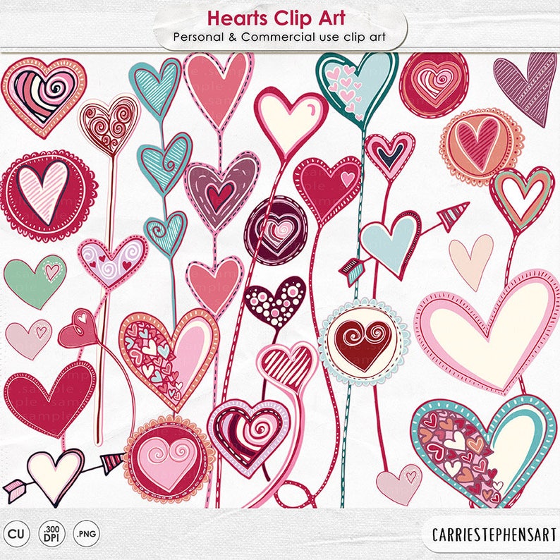 Op de afbeelding: Een verzameling handgetekende hartclipart in verschillende stijlen en kleuren, waaronder roze, rood, teal en wit. Sommige harten hebben decoratieve patronen, andere zijn omlijnd. De afbeelding bevat de tekst "Hearts Clip Art" en "Personal & Commercial use clip art".