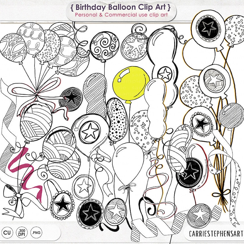 May include: Black and white line art clip art of birthday balloons with stars and swirls. The balloons are tied together with ribbons.