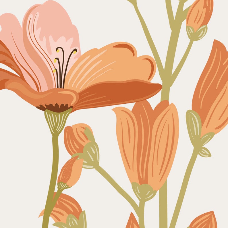 May include: A digital illustration of a bouquet of orange and pink flowers with green stems and leaves. The flowers are stylised and have a retro feel.