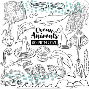 Pode incluir: Ilustra&ccedil;&atilde;o de linha preta e branca de v&aacute;rios animais marinhos, incluindo uma arraia, uma &aacute;gua-viva, golfinhos, peixes, um caranguejo eremita e uma concha. O texto "Ocean Animals Dolphin Cove" est&aacute; inclu&iacute;do na imagem.