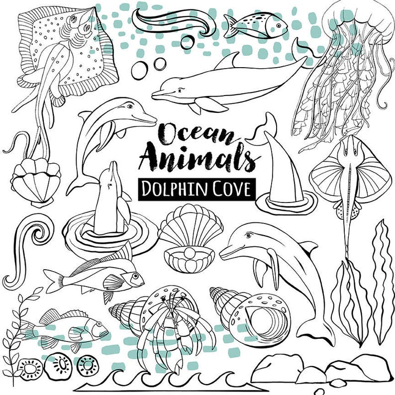 Pode incluir: Ilustra&ccedil;&atilde;o de linha preta e branca de v&aacute;rios animais marinhos, incluindo uma arraia, uma &aacute;gua-viva, golfinhos, peixes, um caranguejo eremita e uma concha. O texto "Ocean Animals Dolphin Cove" est&aacute; inclu&iacute;do na imagem.