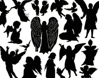 Angel Clip Art, Christian Angel Wings PNG Clipping Mask Silhouettes, Christmas Church Newsletter Graphics, Angel Silhouettes