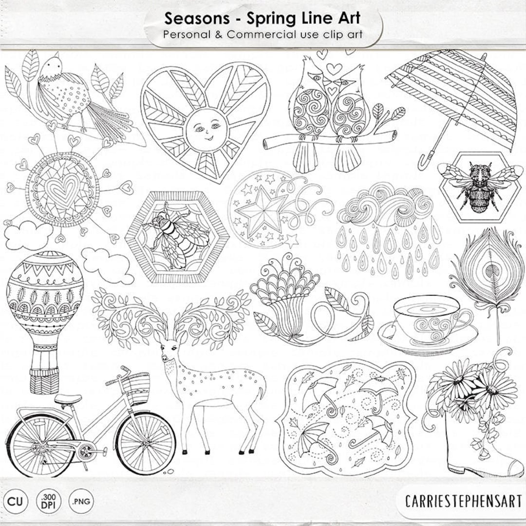 Spring Line Art Bundle, Season's PNG Illustrations, Spring Clipart ...