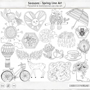 Spring Line Art Bundle, Season's PNG Illustrations, Spring ClipArt Doodle, Card Making Images, Bee Digital Stamp, Instant Download