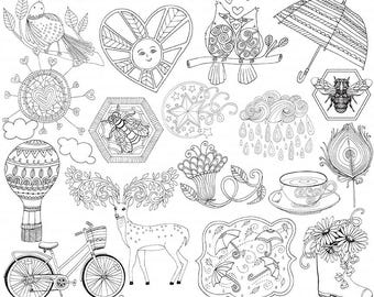 Spring Line Art Bundle, Season's PNG Illustrations, Spring ClipArt Doodle, Card Making Images, Bee Digital Stamp, Instant Download