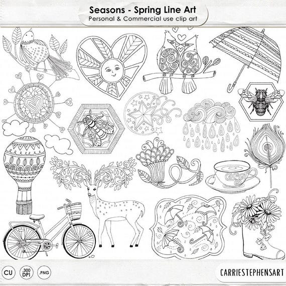 Spring Line Art Bundle, Season's PNG Illustrations, Spring ClipArt Doodle, Card Making Images, Bee Digital Stamp, Instant Download Il_570xn