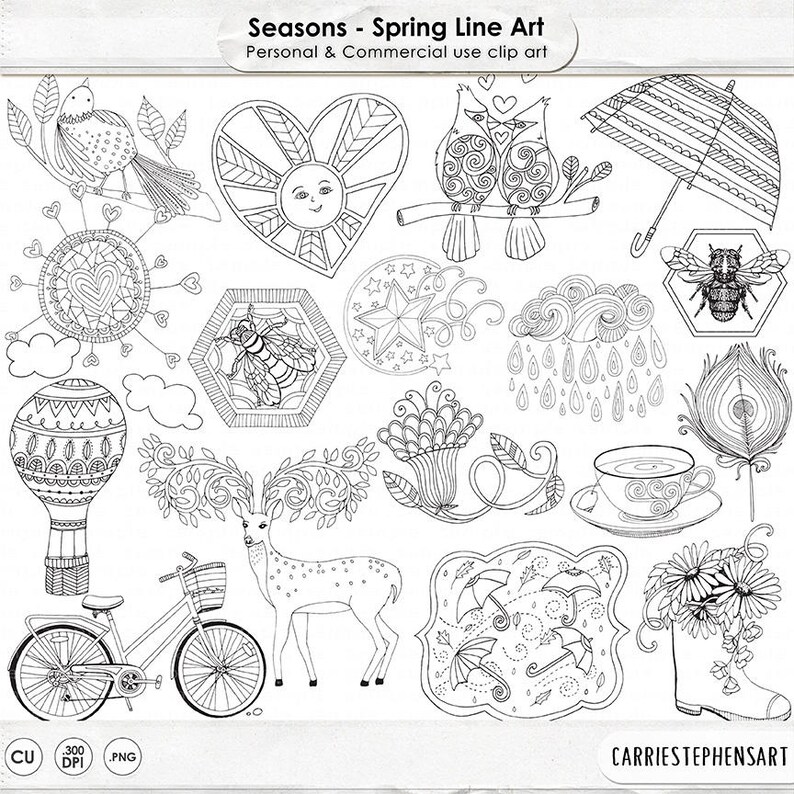 May include: A set of black and white line art illustrations featuring spring-themed imagery, including a heart with a sun face, a deer, a hot air balloon, a bee, a flower, a star, a cloud with raindrops, an umbrella, a teacup, a bicycle, and a boot with flowers.