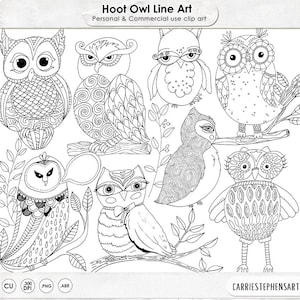 Cute Owl Doodle ClipArt, Black LineArt Images, Hand-Drawn PNG Digital Stamps, Whimsical Birds, Instant Download, Commercial Use