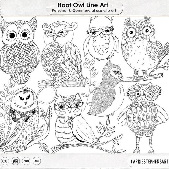 Owl Doodle Line Art Cute Digital Owl Graphics Woodland Baby Owl