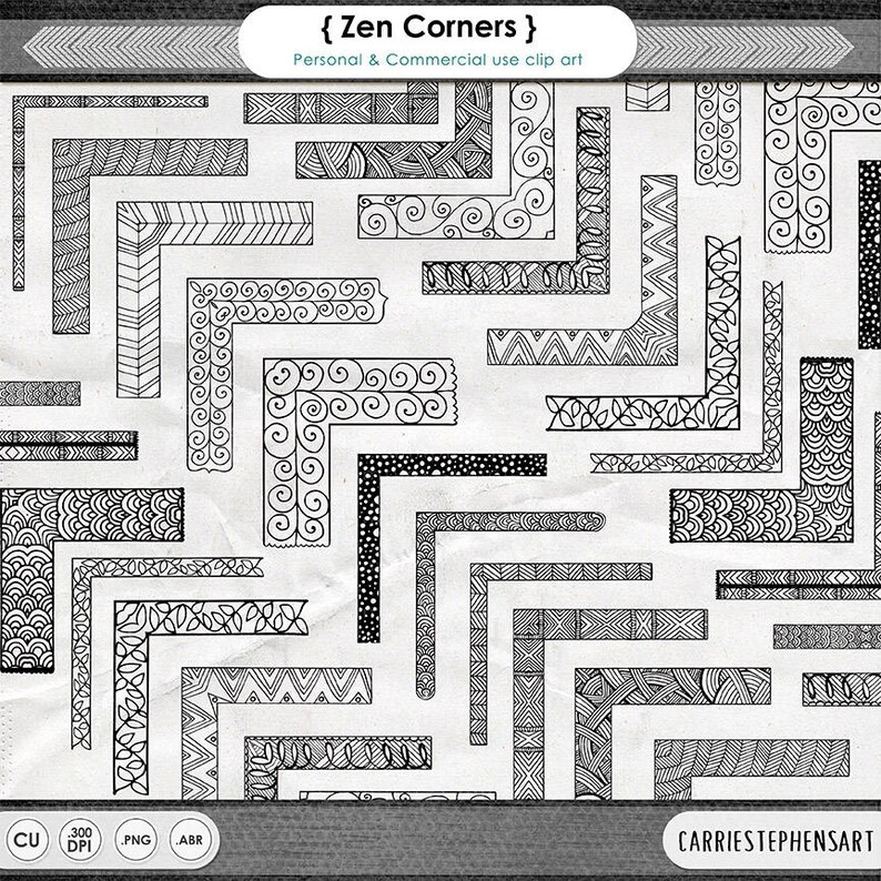 May include: A set of 24 black and white corner designs with intricate patterns, including swirls, zigzags, and geometric shapes. The designs are labeled "Zen Corners" and are for personal and commercial use.