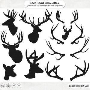 Op de afbeelding: Een set van tien zwarte silhouetbeelden van hertenkoppen en geweien. De afbeeldingen zijn perfect voor knutselprojecten, scrapbooking en digitaal ontwerp.