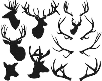 Deer Head Silhouette Clip Art + Line Art Outline, Buck & Doe, Reindeers, Stag, Digital ClipArt, PNG Image Download, Photoshop Brush