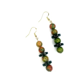 Unakite gemstone beaded dangle earrings, Hypoallergenic hooks