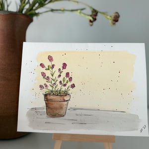 Cartão pintado à mão em aquarela | Flores em vaso de terracota | Para todas as ocasiões | Pensando em você | Agradecimento ao professor