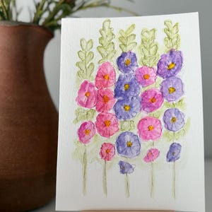 Cartão pintado à mão em aquarela | Interior em branco | Para todas as ocasiões | Malvas-rosa brilhantes | Agradecimento ao professor