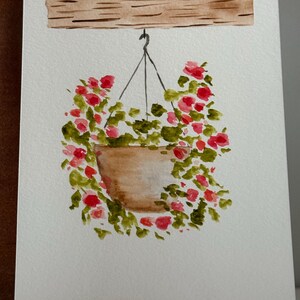 Cartão pintado à mão em aquarela | Cestas suspensas | Flores da primavera | Agradecimento ao professor