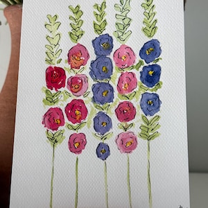 Cartão pintado à mão em aquarela | Arte original | Flores | Malvas-rosa | Agradecimento ao professor