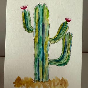 Cartão pintado à mão em aquarela | Cacto com flores | Arte do deserto | Todas as ocasiões