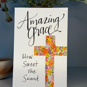 Cartão pintado à mão em aquarela | Graça Incrível | Religioso | Cruz Floral