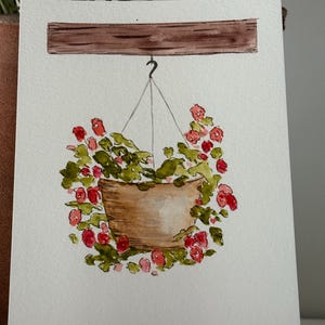 Cartão pintado à mão em aquarela | Cestas suspensas | Flores da primavera | Agradecimento ao professor