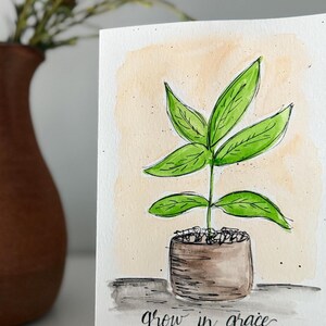 Cartão pintado à mão em aquarela | Planta com folhas verdes em vaso | Todas as ocasiões | Cartão com escritura | Religioso | Graça | Agradecimento ao professor