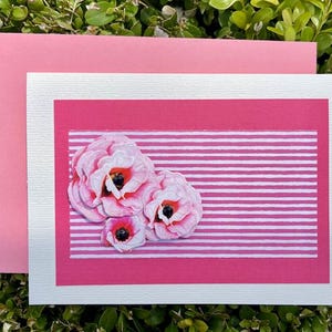 Handgemaakte roze gestreepte bloemenkaart, romantische kaart met geurkaars Cadeau, roze bedankkaart, bloem verjaardagskaart