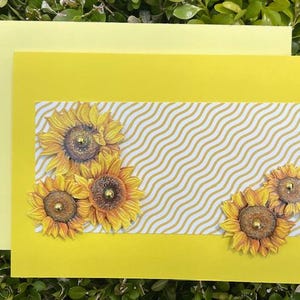 Zonnebloemwenskaart, unieke gele wenskaart, vrolijke bedankkaart, handgemaakte verjaardagskaart, gratis kaarscadeau