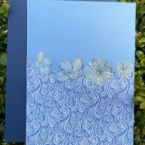 Carte de voeux florale, Carte de voeux faite main avec tourbillon de fleurs bleues, Carte de remerciement, Carte toutes occasions, Fleurs élégantes en relief avec enveloppe