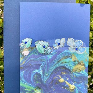 Blauw gemarmerde kaart met gratis geurkaars, handgemaakte wenskaart werveling, op de oceaan geïnspireerde kaart, marineblauwe envelop wenskaart