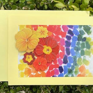 Regenboogbloemkaart, handgemaakte regenboogwenskaart, kaart met kleurrijke bloemen, levendige kaart met blanco binnenkant, gratis kaarscadeau