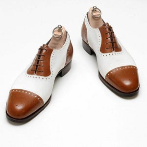 Two-Tone Brown & White Spectator Oxford Shoes | Handmade Men’s Wingtip Cap Toe Dress Shoes | Vintage-Inspired Leather Brogues