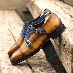 Two-Tone Double Monk Strap Shoes | Men&#39;s Handmade Croc Embossed & Patina Leather Dress Shoes