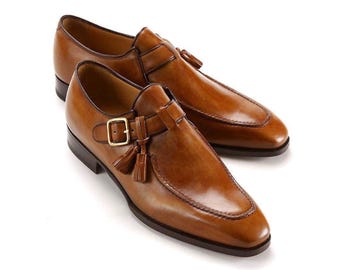 Handmade Tan Leather Monk Strap Loafers with Tassel – Elegant Men&#39;s Dress Shoes