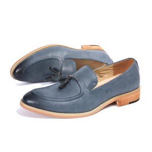 Men’s Blue Leather Tassel Loafers – Handmade Slip-On Dress Shoes | Suede-Finish Casual Formal Loafers