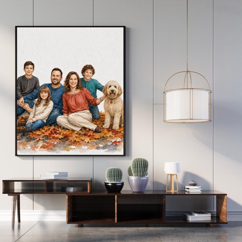 Custom Hand Drawn Family Portrait With Dog - Personalized Couple & Pet ...