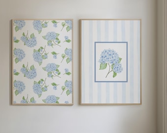 Hydrangea print set, Blue hydrangea wall art set of 2, Hydrangea printable download, Southern floral art, Blue floral wall art