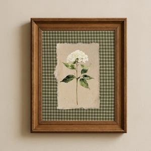Könnte beinhalten: Ein gerahmter botanischer Druck mit einer weißen Hortensienblüte mit grünen Blättern und Stiel. Das Kunstwerk ist vor einem beigen Hintergrund mit einem grün-weiß karierten Muster in einem braunen Holzrahmen eingefasst.