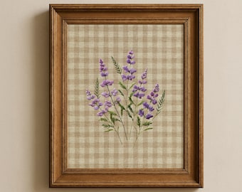 Gingham flower print, Farmhouse wall art, Cottagecore prints, Gingham printable wall art, Digital cottage art, Textile art print
