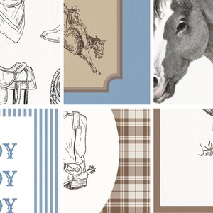 May include: A collage of Western-themed illustrations in black and white. Images include a cowboy on a bucking bronco, a saddle, a cowboy boot, a rope, a bandana, and a horse's head. The word "WDY" is repeated in blue and white stripes.