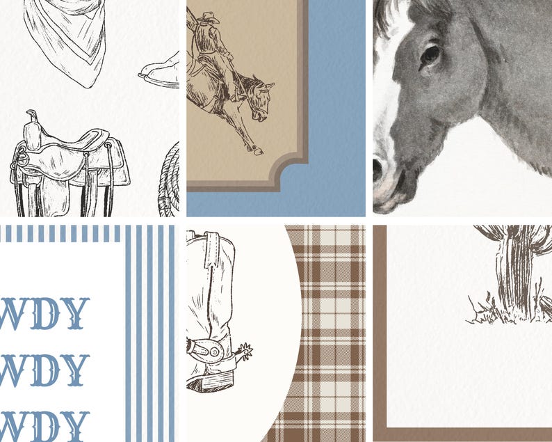 May include: A collage of Western-themed illustrations in black and white. Images include a cowboy on a bucking bronco, a saddle, a cowboy boot, a rope, a bandana, and a horse's head. The word "WDY" is repeated in blue and white stripes.