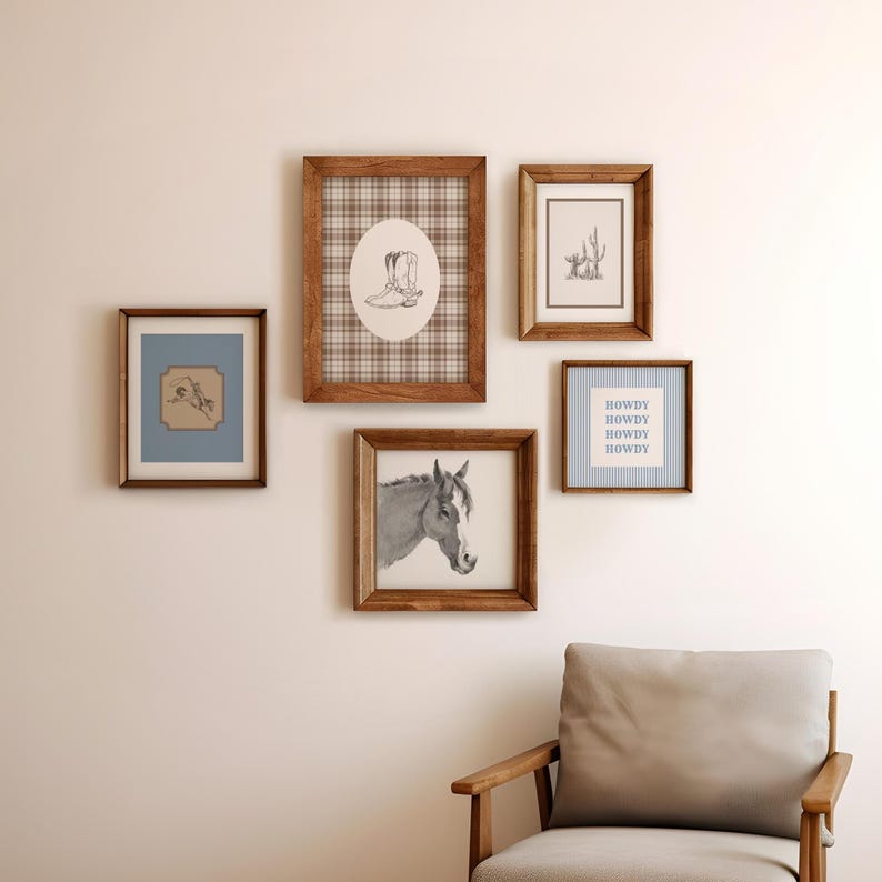 May include: A collection of framed art prints with a rustic, Western theme. The prints feature images of a horse, cowboy boots, a cactus, and the word "Howdy". The frames are made of wood.
